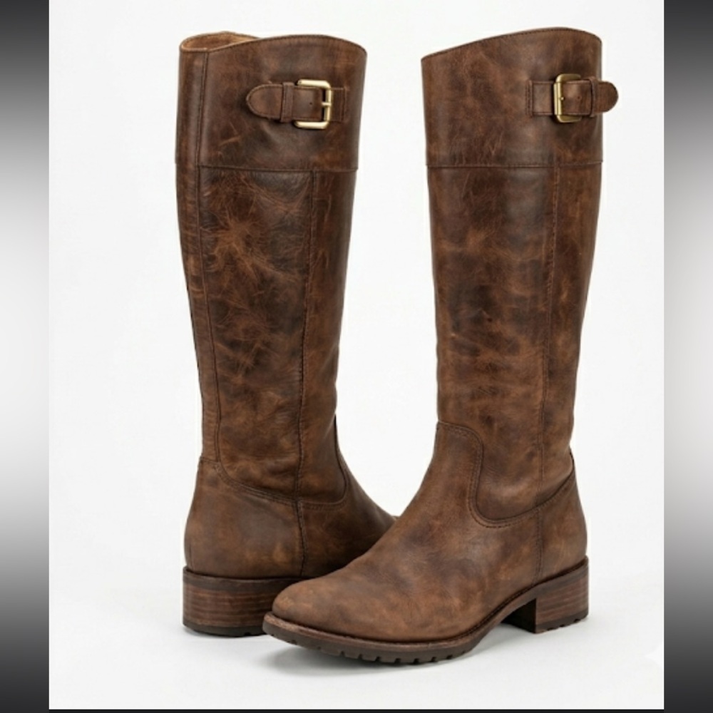 Corso Como Brown Distressed Leather Tall Moto Riding Boots Lug Sole 9.5 Y2K